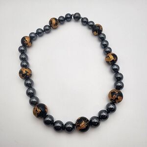 Sterling Silver, Carved Gold Gilt Dragon Black Onyx, & Hematite Necklace